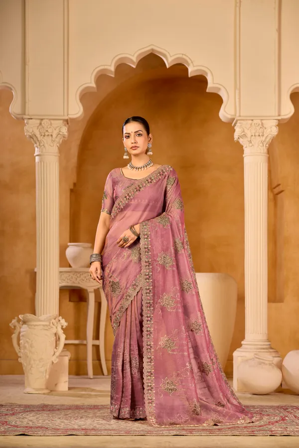 Fuchsia_Pink_Organza_Silk,_Double_Crystal_Work_Saree_For_Women