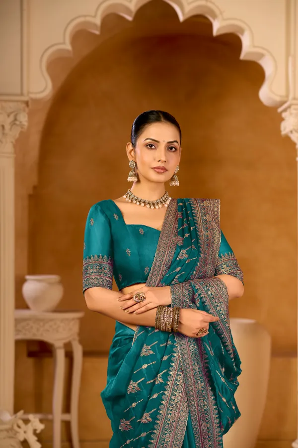 Peacock_Teal_Zari_Inspired_Detailing_Organza_Satin_Saree_For_Women