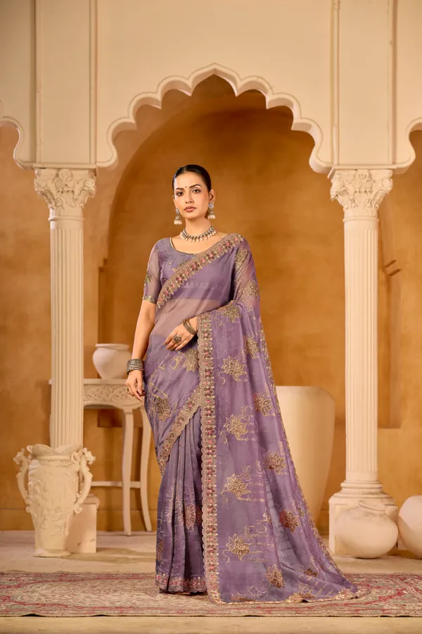 Lavender_Organza_Silk,_Double_Crystal_Work_Saree_For_Women