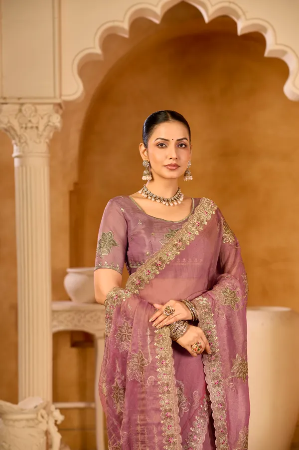 Fuchsia_Pink_Organza_Silk,_Double_Crystal_Work_Saree_For_Women