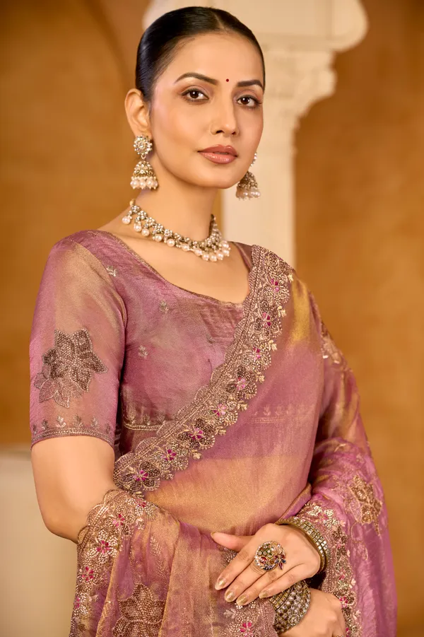 Peach_Rose_Organza_Silk,_Double_Crystal_Work_Saree_For_Women
