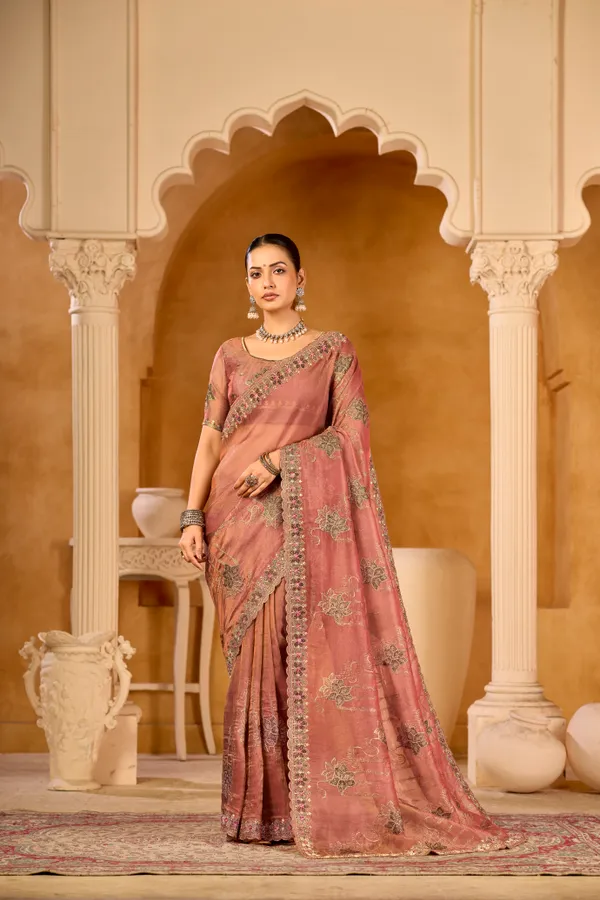 Apricot_Orange_Organza_Silk,_Double_Crystal_Work_Saree_For_Women