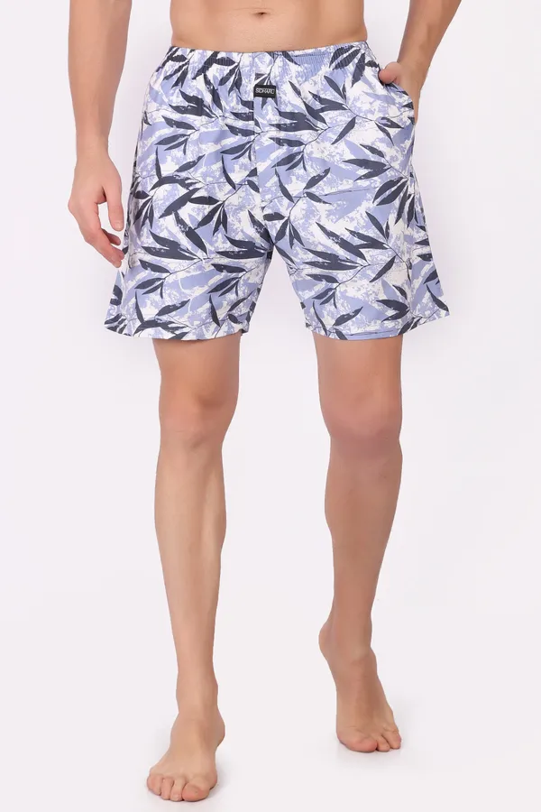Grey_And_White_Cotton_Leaf_Print_Swim_Shorts_For_Men