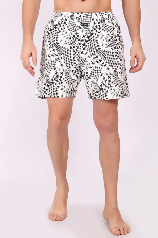 White_And_Black_Cotton_Geometric_Print_Casual_Shorts_For_Men