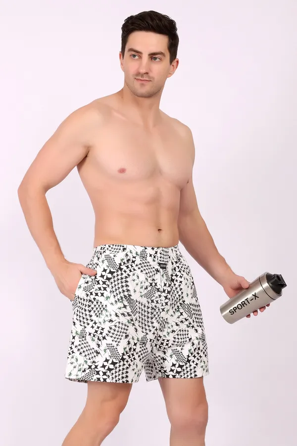 White_And_Black_Cotton_Geometric_Print_Casual_Shorts_For_Men