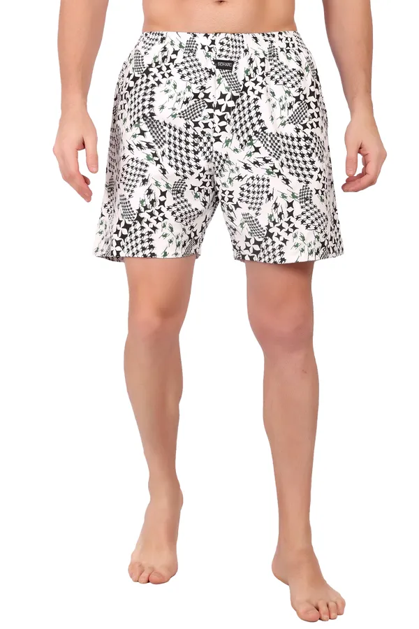 White_And_Black_Cotton_Geometric_Print_Casual_Shorts_For_Men
