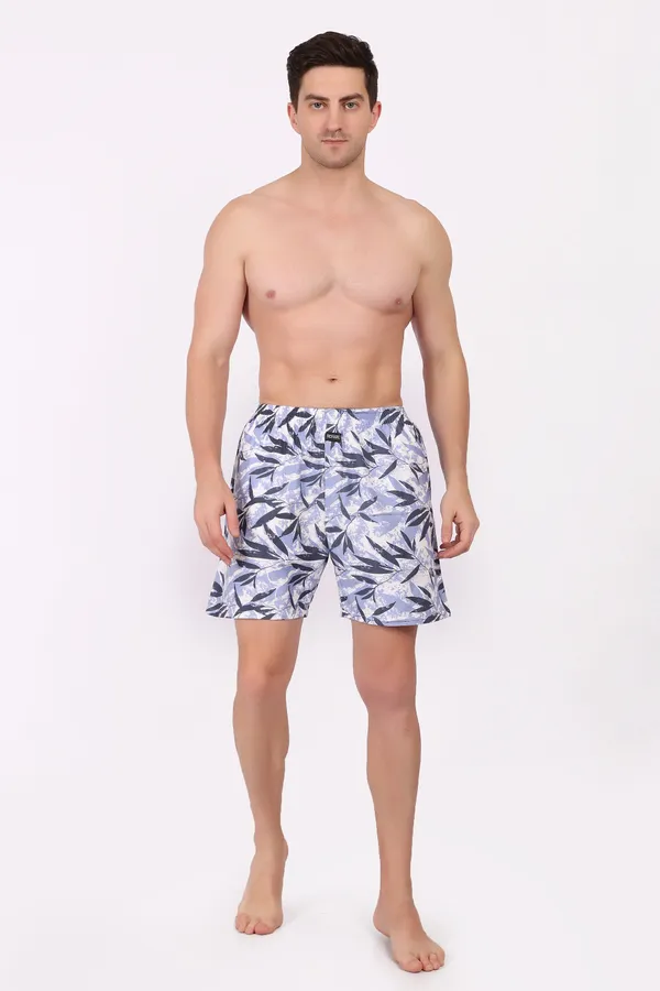 Grey_And_White_Cotton_Leaf_Print_Swim_Shorts_For_Men