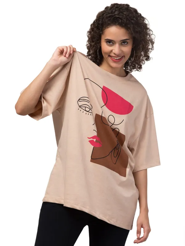 Beige_Cotton_Oversized_Abstract_Face_Print_T-Shirt_For_Women