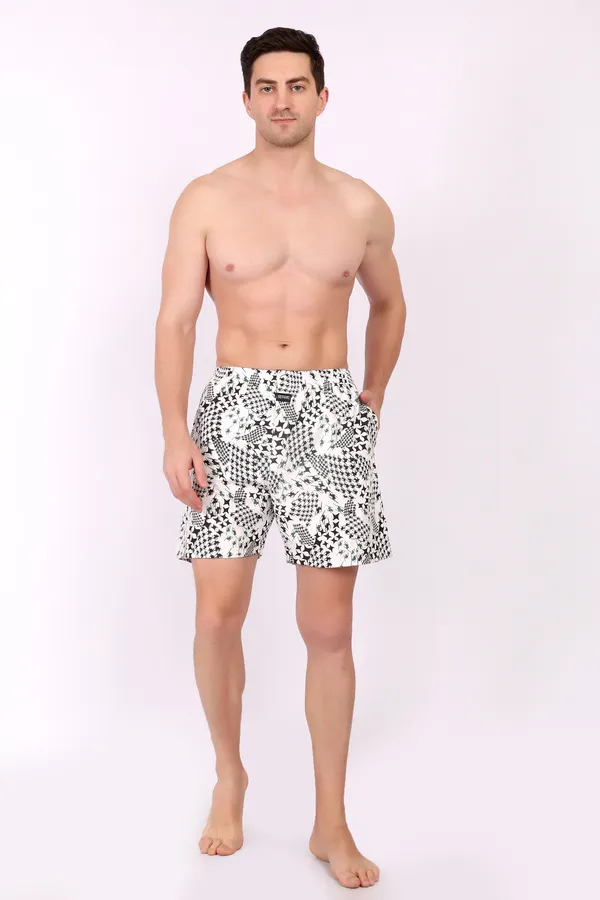 White_And_Black_Cotton_Geometric_Print_Casual_Shorts_For_Men