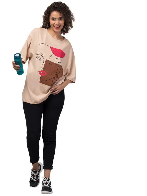 Beige_Cotton_Oversized_Abstract_Face_Print_T-Shirt_For_Women
