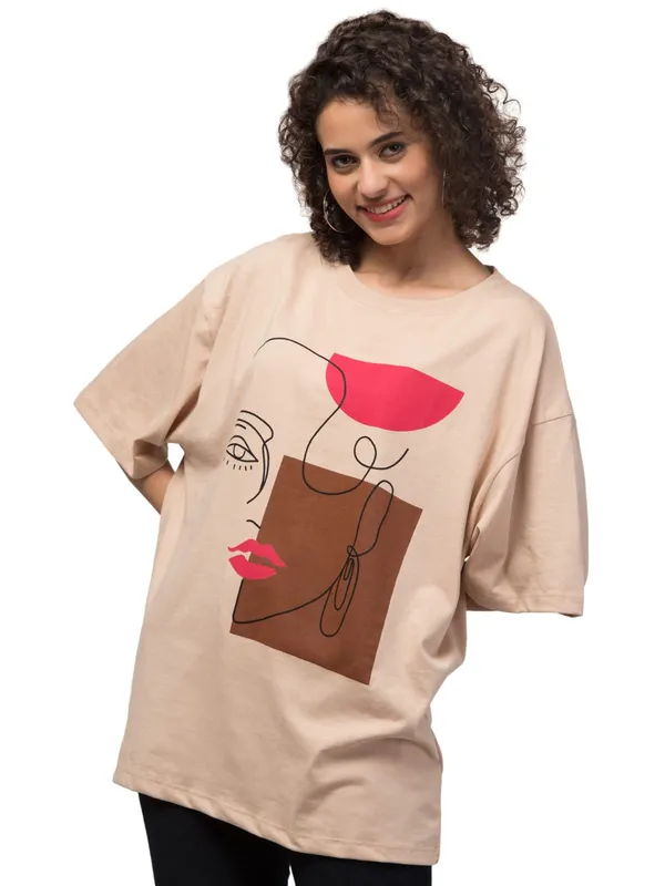Beige_Cotton_Oversized_Abstract_Face_Print_T-Shirt_For_Women
