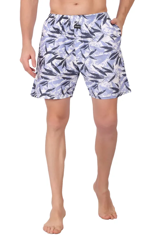 Grey_And_White_Cotton_Leaf_Print_Swim_Shorts_For_Men