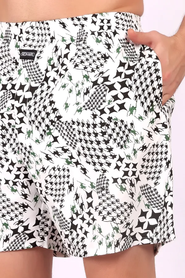 White_And_Black_Cotton_Geometric_Print_Casual_Shorts_For_Men