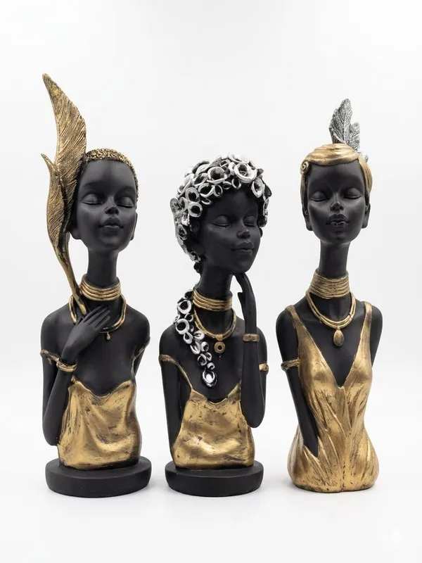 Resin_African_Inspired_Female_Bust_Black_Gold_Ornate_Headdress_Figurine_Set_Of_3