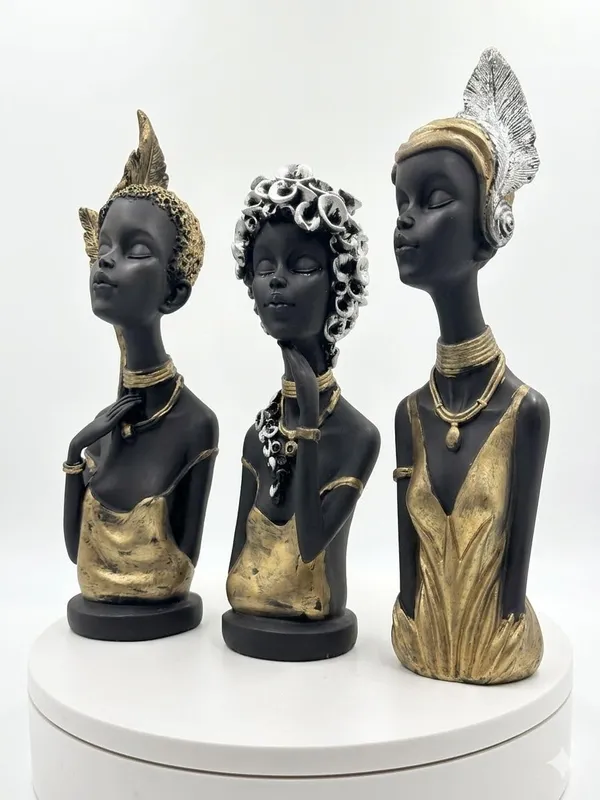 Resin_African_Inspired_Female_Bust_Black_Gold_Ornate_Headdress_Figurine_Set_Of_3