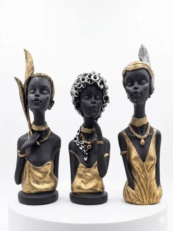 Resin_African_Inspired_Female_Bust_Black_Gold_Ornate_Headdress_Figurine_Set_Of_3