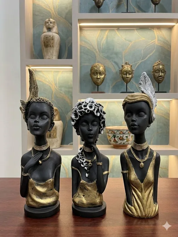 Resin_African_Inspired_Female_Bust_Black_Gold_Ornate_Headdress_Figurine_Set_Of_3