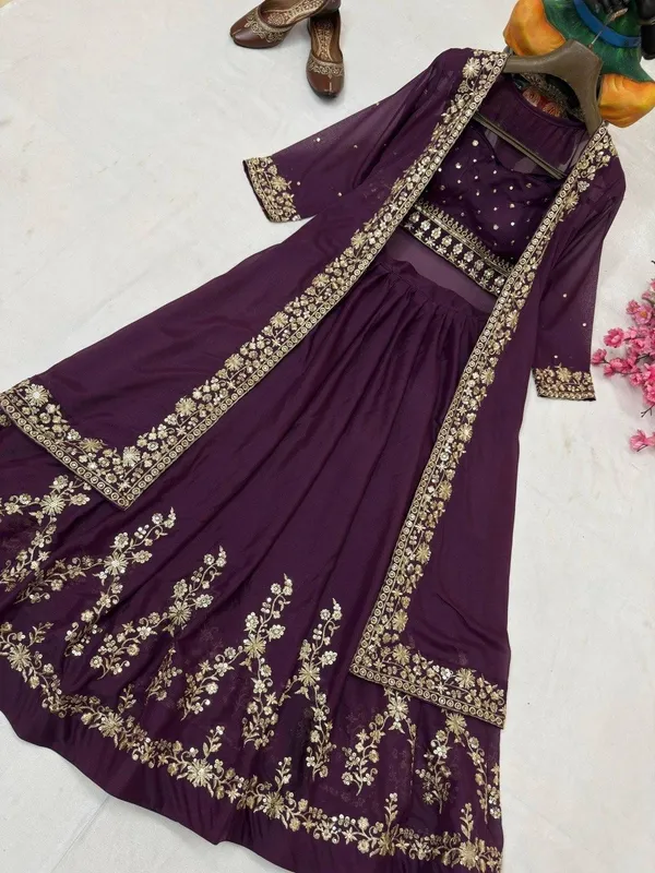 Wine_Embroidered_Lehenga_Choli_Set_With_Jacket