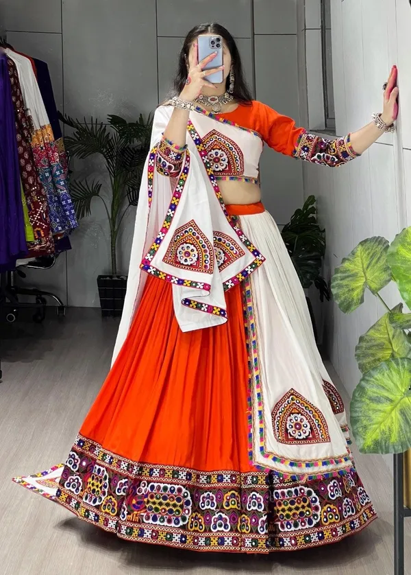 Traditional_Gujarati_Navratri_Chaniya_Choli_-_Orange_And_White_Embroidered_Lehenga_Set_With_Dupatta