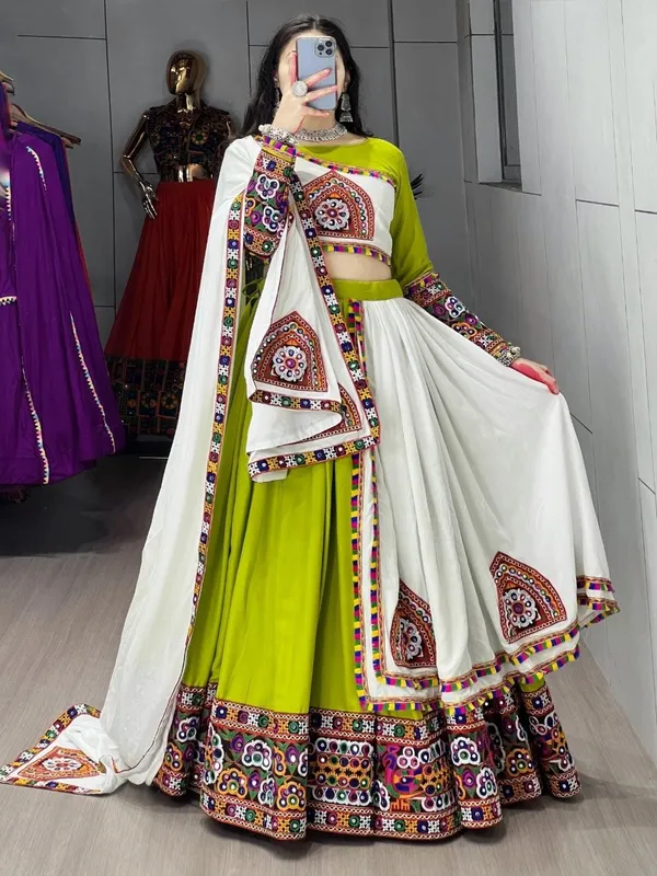 Navratri_Special_White_And_Green_Chaniya_Choli_With_Kutch_Embroidery_Work