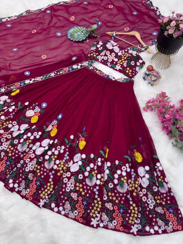 Maroon_Floral_Embroidered_Lehenga_Choli_With_Dupatta