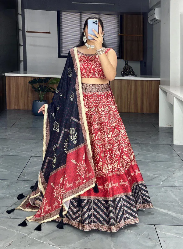 Traditional_Red_Embroidered_Lehenga_Choli_Set_With_Navy_Blue_Dupatta