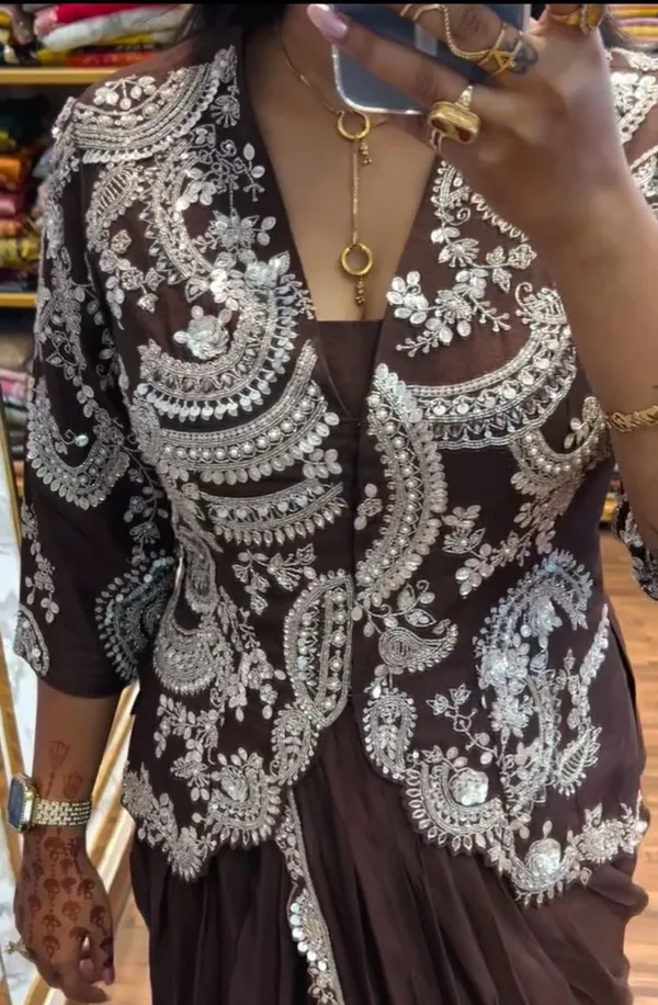 Brown_Pre-Stitched_Saree_With_Embellished_Jacket_Blouse