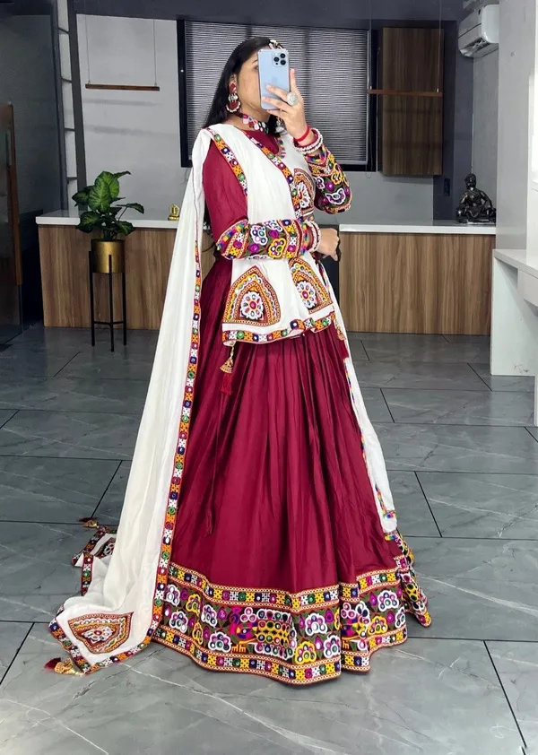 Traditional_Navratri_Chaniya_Choli_-_Maroon_And_White_Embroidered_Lehenga_Set_With_Mirror_Work