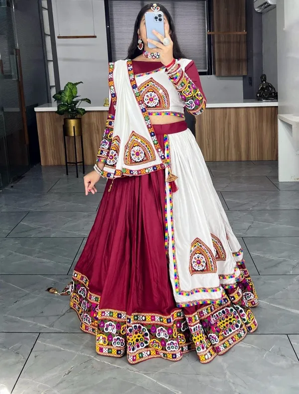 Traditional_Navratri_Chaniya_Choli_-_Maroon_And_White_Embroidered_Lehenga_Set_With_Mirror_Work