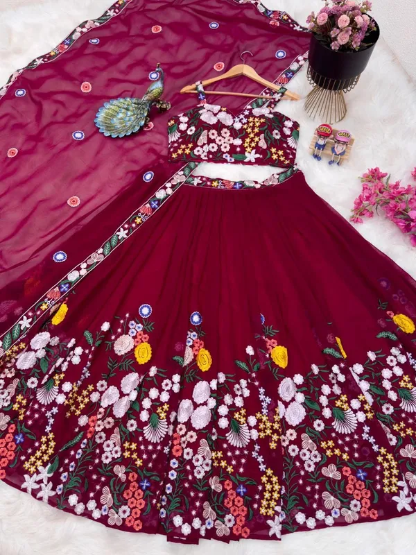 Maroon_Floral_Embroidered_Lehenga_Choli_With_Dupatta