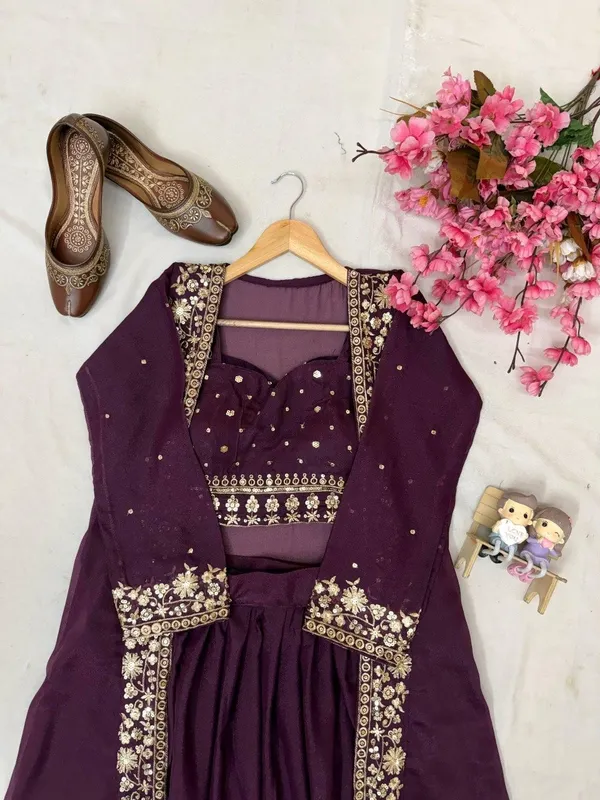 Wine_Embroidered_Lehenga_Choli_Set_With_Jacket