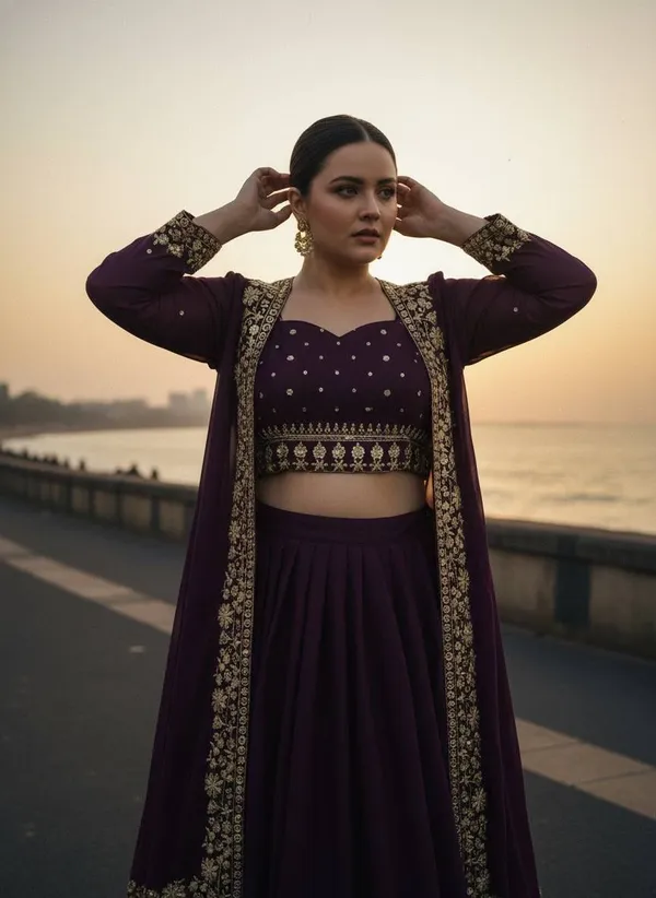 Wine_Embroidered_Lehenga_Choli_Set_With_Jacket