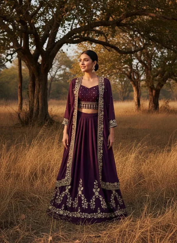 Wine_Embroidered_Lehenga_Choli_Set_With_Jacket