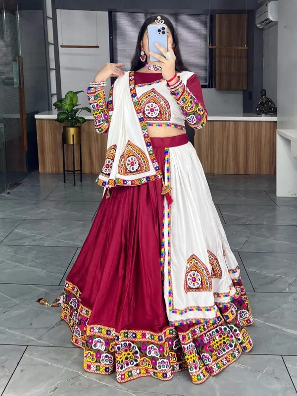 Traditional_Navratri_Chaniya_Choli_-_Maroon_And_White_Embroidered_Lehenga_Set_With_Mirror_Work