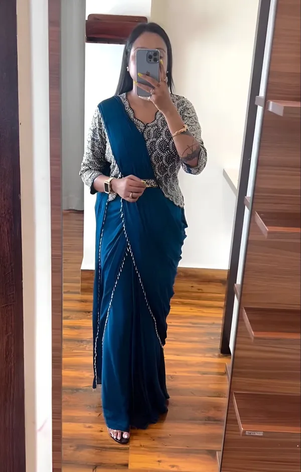 Elegant_Teal_Blue_Pre-Draped_Saree_With_Embellished_Blouse