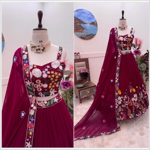 Maroon_Floral_Embroidered_Lehenga_Choli_With_Dupatta