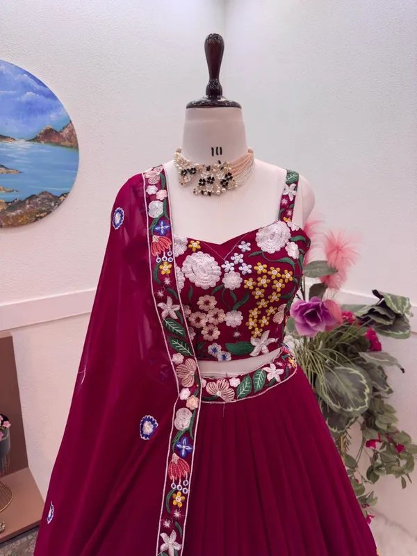 Maroon_Floral_Embroidered_Lehenga_Choli_With_Dupatta