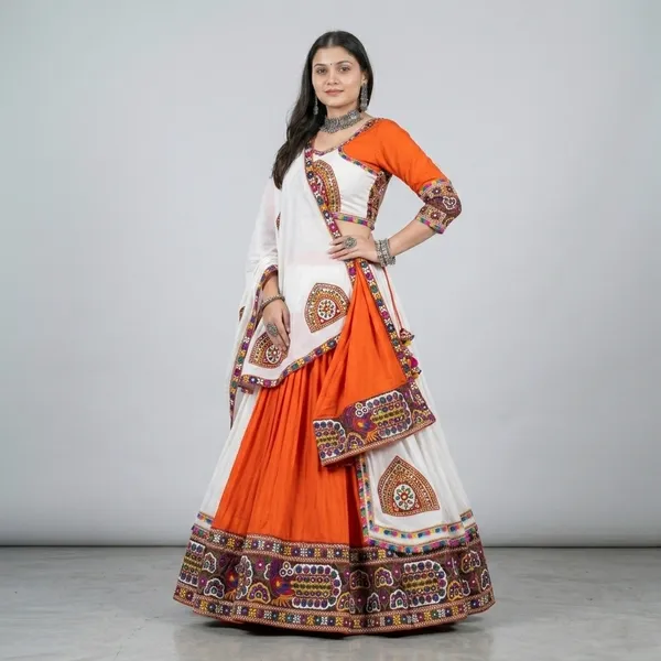Traditional_Gujarati_Navratri_Chaniya_Choli_-_Orange_And_White_Embroidered_Lehenga_Set_With_Dupatta