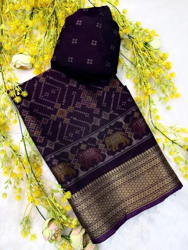 Purple_Banarasi_Silk_Saree_With_Elephant_Motif_And_Golden_Zari_Border