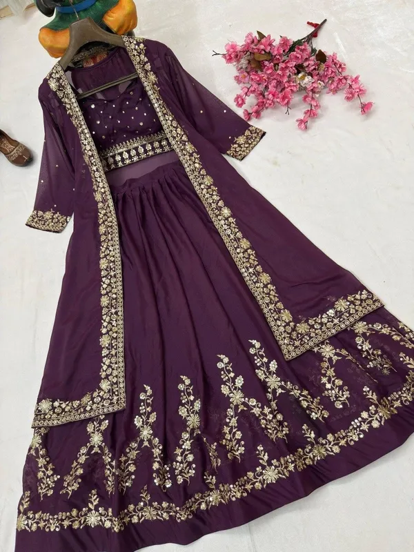Wine_Embroidered_Lehenga_Choli_Set_With_Jacket