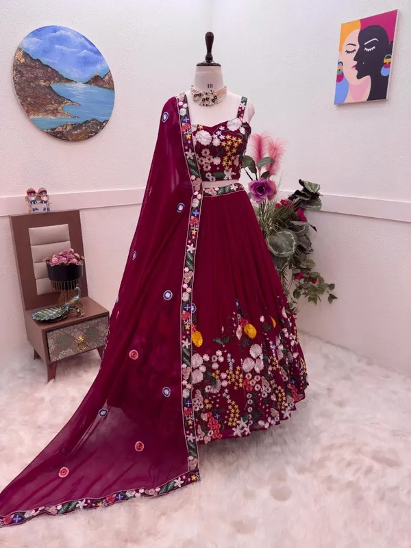 Maroon_Floral_Embroidered_Lehenga_Choli_With_Dupatta