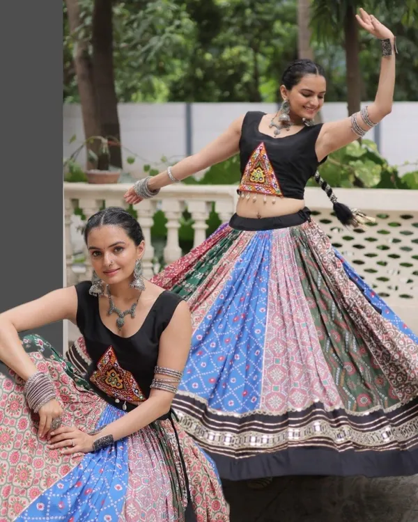 Multicolor_Printed_Lehenga_Choli_With_Black_Velvet_Border_-_Traditional_Indian_Ethnic_Wear
