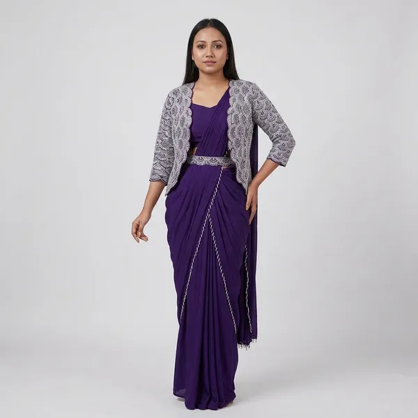 Purple_Georgette_Saree_With_Embellished_Jacket_Blouse_Set