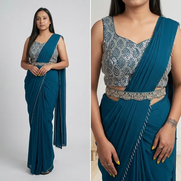 Elegant_Teal_Blue_Pre-Draped_Saree_With_Embellished_Blouse