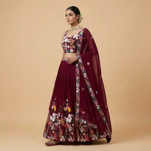 Maroon_Floral_Embroidered_Lehenga_Choli_With_Dupatta