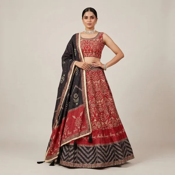 Traditional_Red_Embroidered_Lehenga_Choli_Set_With_Navy_Blue_Dupatta