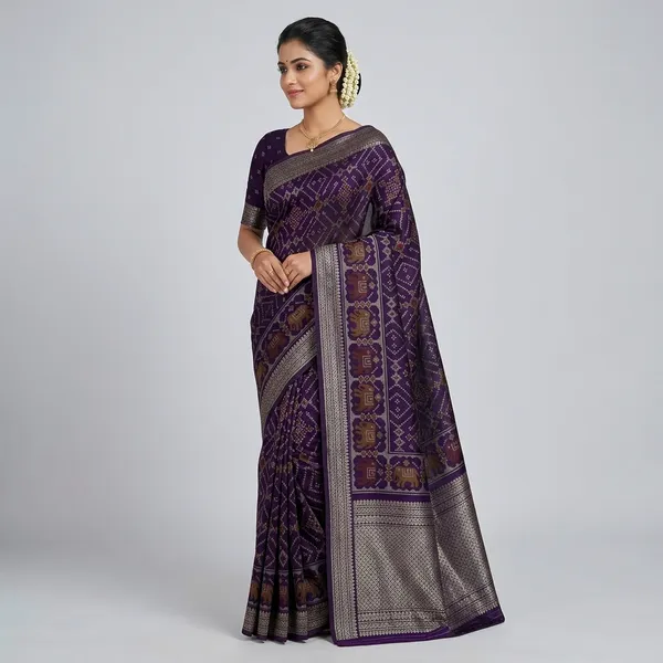 Purple_Banarasi_Silk_Saree_With_Elephant_Motif_And_Golden_Zari_Border