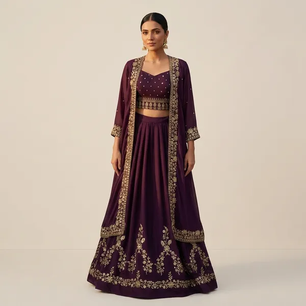 Wine_Embroidered_Lehenga_Choli_Set_With_Jacket