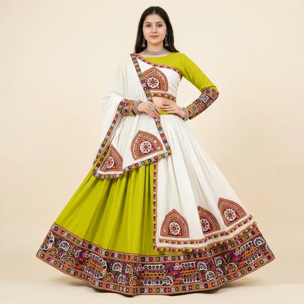 Navratri_Special_White_And_Green_Chaniya_Choli_With_Kutch_Embroidery_Work