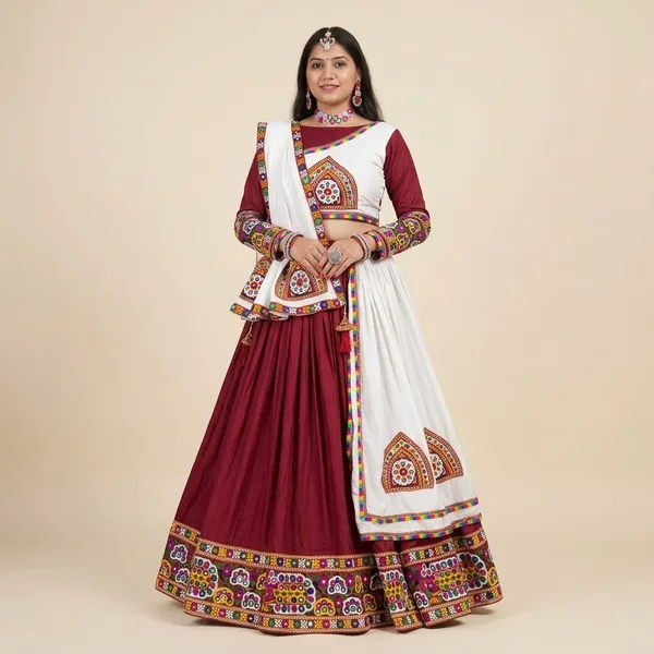 Traditional_Navratri_Chaniya_Choli_-_Maroon_And_White_Embroidered_Lehenga_Set_With_Mirror_Work